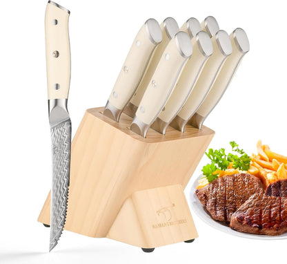 Damascus Steak Knives Set of 8 with Knife Block, 5 Inch Serrated Kitchen Dinner Steak Knife Set, Full Tang Non-slip ABS Ergonomic Triple Rivet Handle for Gift, Natural Wooden Block