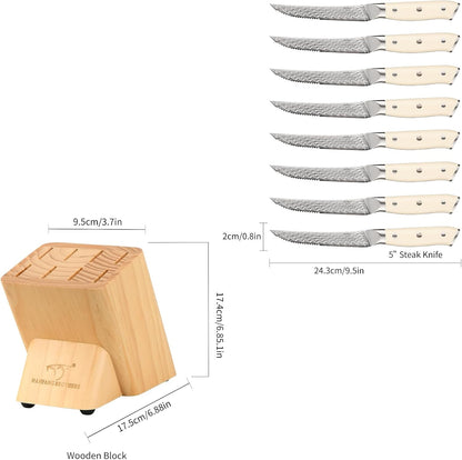Damascus Steak Knives Set of 8 with Knife Block, 5 Inch Serrated Kitchen Dinner Steak Knife Set, Full Tang Non-slip ABS Ergonomic Triple Rivet Handle for Gift, Natural Wooden Block