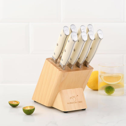 Damascus Steak Knives Set of 8 with Knife Block, 5 Inch Serrated Kitchen Dinner Steak Knife Set, Full Tang Non-slip ABS Ergonomic Triple Rivet Handle for Gift, Natural Wooden Block
