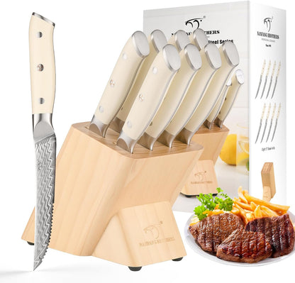 Damascus Steak Knives Set of 8 with Knife Block, 5 Inch Serrated Kitchen Dinner Steak Knife Set, Full Tang Non-slip ABS Ergonomic Triple Rivet Handle for Gift, Natural Wooden Block