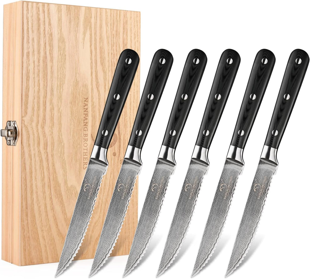 Damascus Steak Knives Set of 8 with Knife Block, 5 Inch Serrated Kitchen Dinner Steak Knife Set, Full Tang Non-slip ABS Ergonomic Triple Rivet Handle for Gift, Natural Wooden Block