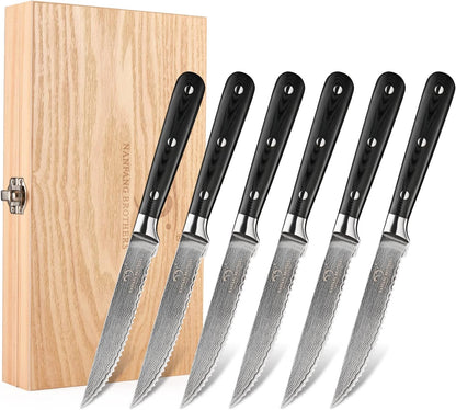 Damascus Steak Knives Set of 8 with Knife Block, 5 Inch Serrated Kitchen Dinner Steak Knife Set, Full Tang Non-slip ABS Ergonomic Triple Rivet Handle for Gift, Natural Wooden Block