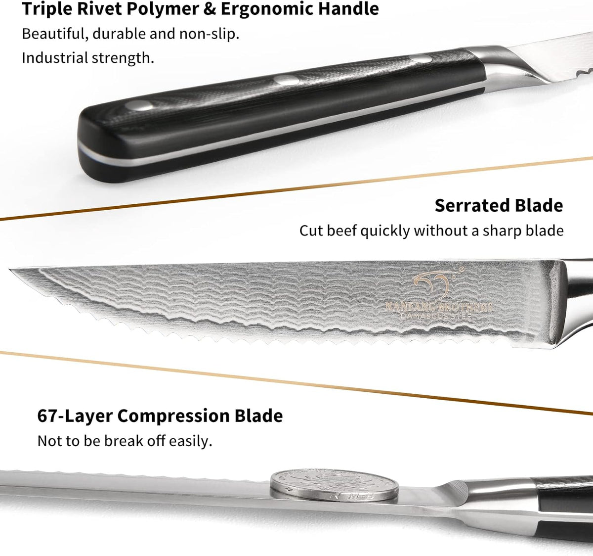 Damascus Steak Knives Set of 8 with Knife Block, 5 Inch Serrated Kitchen Dinner Steak Knife Set, Full Tang Non-slip ABS Ergonomic Triple Rivet Handle for Gift, Natural Wooden Block