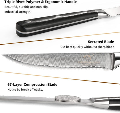 Damascus Steak Knives Set of 8 with Knife Block, 5 Inch Serrated Kitchen Dinner Steak Knife Set, Full Tang Non-slip ABS Ergonomic Triple Rivet Handle for Gift, Natural Wooden Block