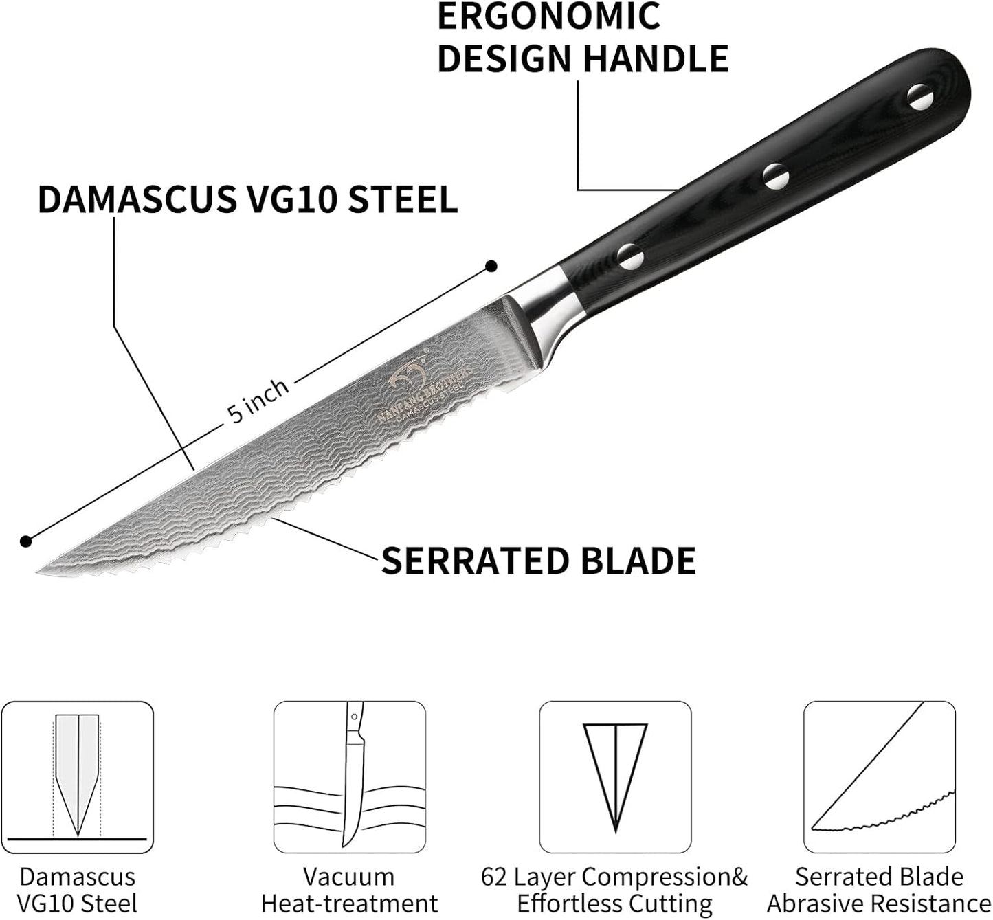 Damascus Steak Knives Set of 8 with Knife Block, 5 Inch Serrated Kitchen Dinner Steak Knife Set, Full Tang Non-slip ABS Ergonomic Triple Rivet Handle for Gift, Natural Wooden Block