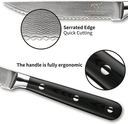 Damascus Steak Knives Set of 8 with Knife Block, 5 Inch Serrated Kitchen Dinner Steak Knife Set, Full Tang Non-slip ABS Ergonomic Triple Rivet Handle for Gift, Natural Wooden Block