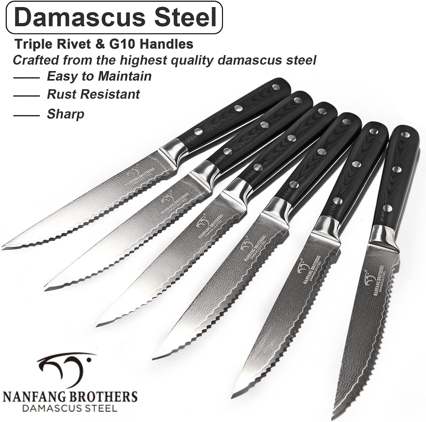 Damascus Steak Knives Set of 8 with Knife Block, 5 Inch Serrated Kitchen Dinner Steak Knife Set, Full Tang Non-slip ABS Ergonomic Triple Rivet Handle for Gift, Natural Wooden Block