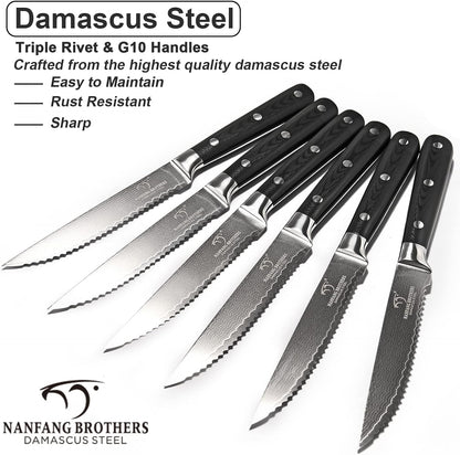 Damascus Steak Knives Set of 8 with Knife Block, 5 Inch Serrated Kitchen Dinner Steak Knife Set, Full Tang Non-slip ABS Ergonomic Triple Rivet Handle for Gift, Natural Wooden Block