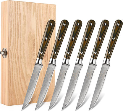 Damascus Steak Knives Set of 8 with Knife Block, 5 Inch Serrated Kitchen Dinner Steak Knife Set, Full Tang Non-slip ABS Ergonomic Triple Rivet Handle for Gift, Natural Wooden Block