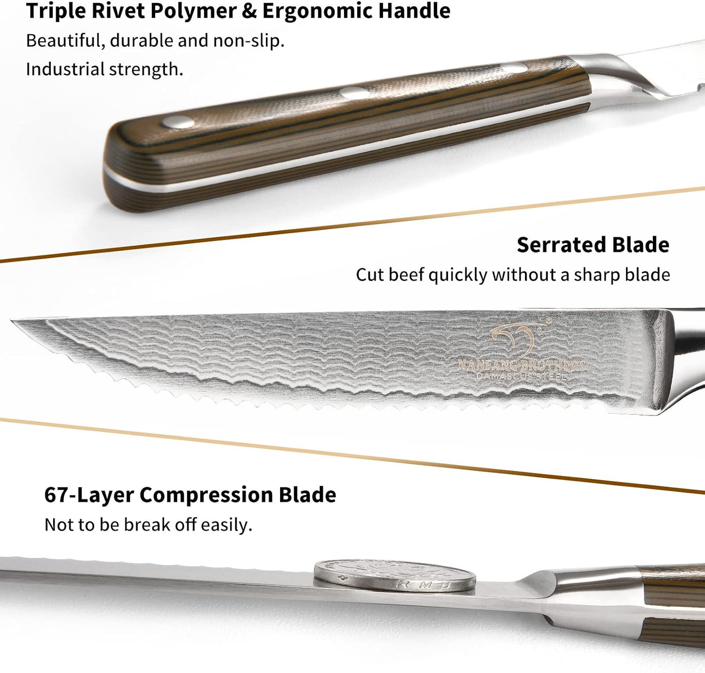 Damascus Steak Knives Set of 8 with Knife Block, 5 Inch Serrated Kitchen Dinner Steak Knife Set, Full Tang Non-slip ABS Ergonomic Triple Rivet Handle for Gift, Natural Wooden Block