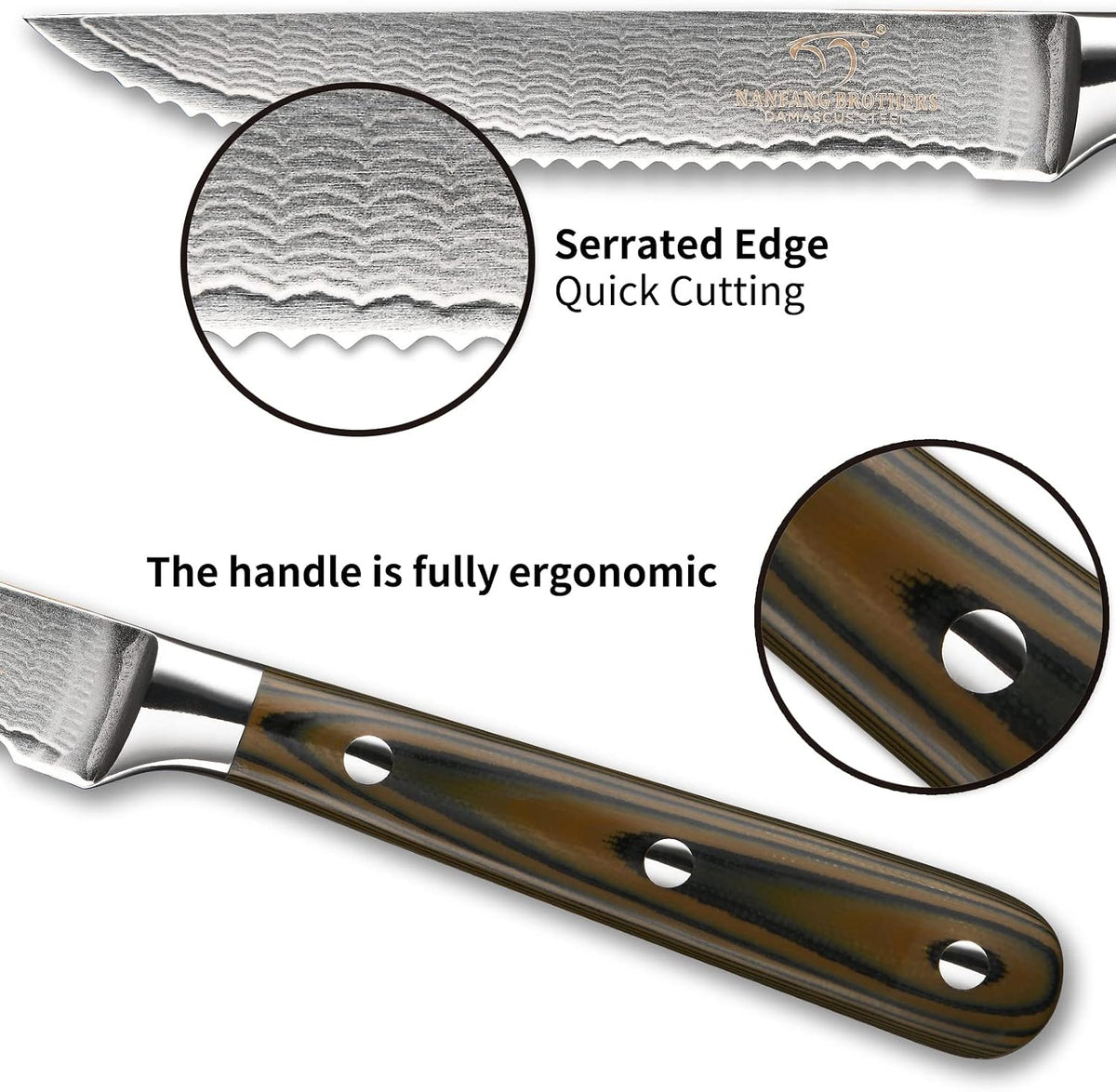 Damascus Steak Knives Set of 8 with Knife Block, 5 Inch Serrated Kitchen Dinner Steak Knife Set, Full Tang Non-slip ABS Ergonomic Triple Rivet Handle for Gift, Natural Wooden Block