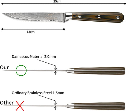 Damascus Steak Knives Set of 8 with Knife Block, 5 Inch Serrated Kitchen Dinner Steak Knife Set, Full Tang Non-slip ABS Ergonomic Triple Rivet Handle for Gift, Natural Wooden Block