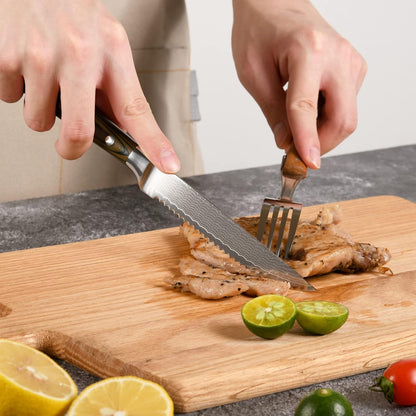 Damascus Steak Knives Set of 8 with Knife Block, 5 Inch Serrated Kitchen Dinner Steak Knife Set, Full Tang Non-slip ABS Ergonomic Triple Rivet Handle for Gift, Natural Wooden Block