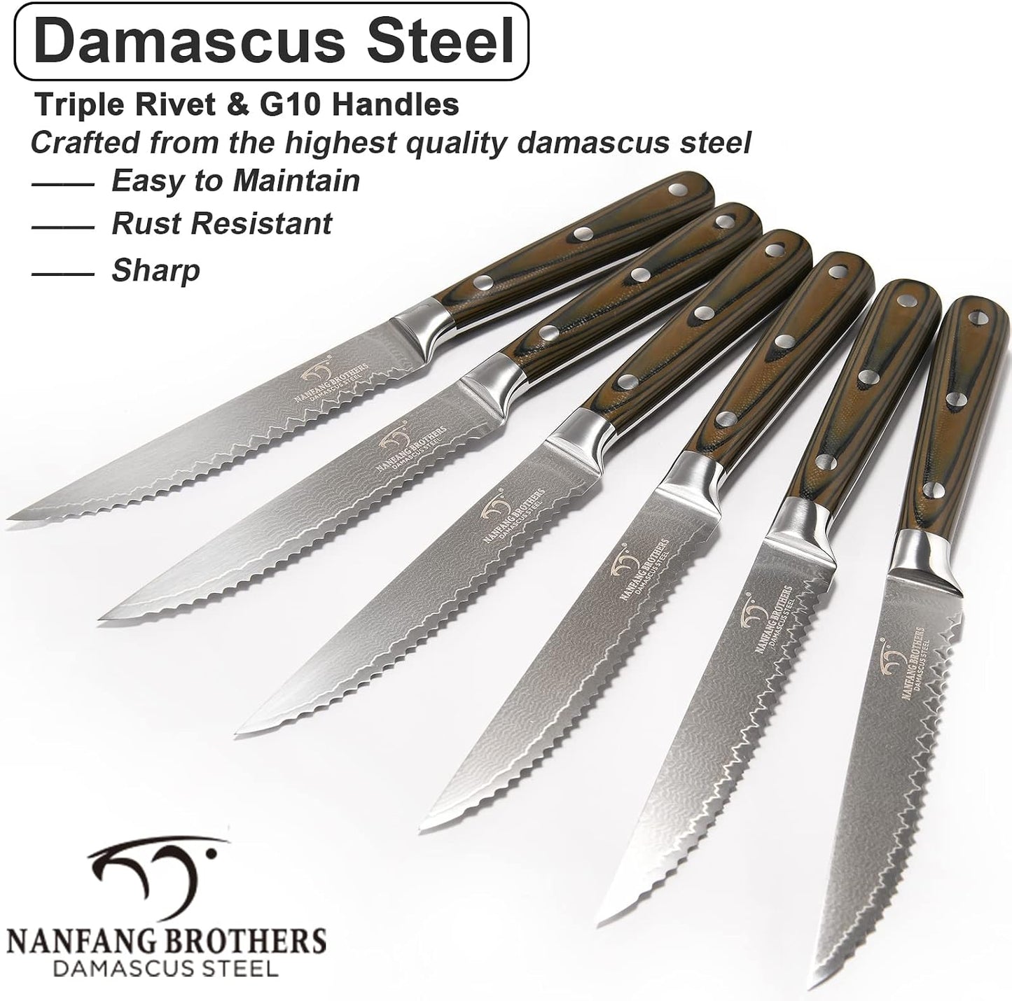 Damascus Steak Knives Set of 8 with Knife Block, 5 Inch Serrated Kitchen Dinner Steak Knife Set, Full Tang Non-slip ABS Ergonomic Triple Rivet Handle for Gift, Natural Wooden Block