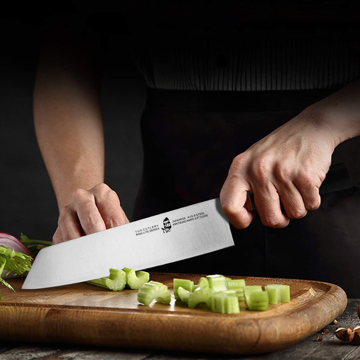 Kiritsuke Knife Chef Knife 8.5 inch Kitchen Knife Vegetable Cleaver Pro Japanese Chef Knife Vegetable Fruit Chopper, AUS-8 Stainless Steel with Pakkawood Handle Gift Box, Ring Lite Series