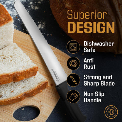 Bread Knife for Homemade Bread - 10 Inch Serrated Sourdough Cutter, Stainless Steel Bread Cutter for Artisan Loaf, Baguette, Bagel Slicer, Cake Slicer Knife Tool, Long Sharp Blade for Kitchen Baking