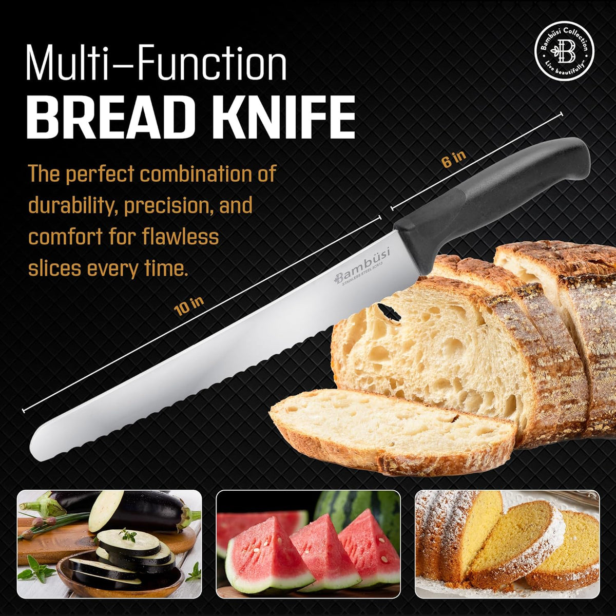 Bread Knife for Homemade Bread - 10 Inch Serrated Sourdough Cutter, Stainless Steel Bread Cutter for Artisan Loaf, Baguette, Bagel Slicer, Cake Slicer Knife Tool, Long Sharp Blade for Kitchen Baking