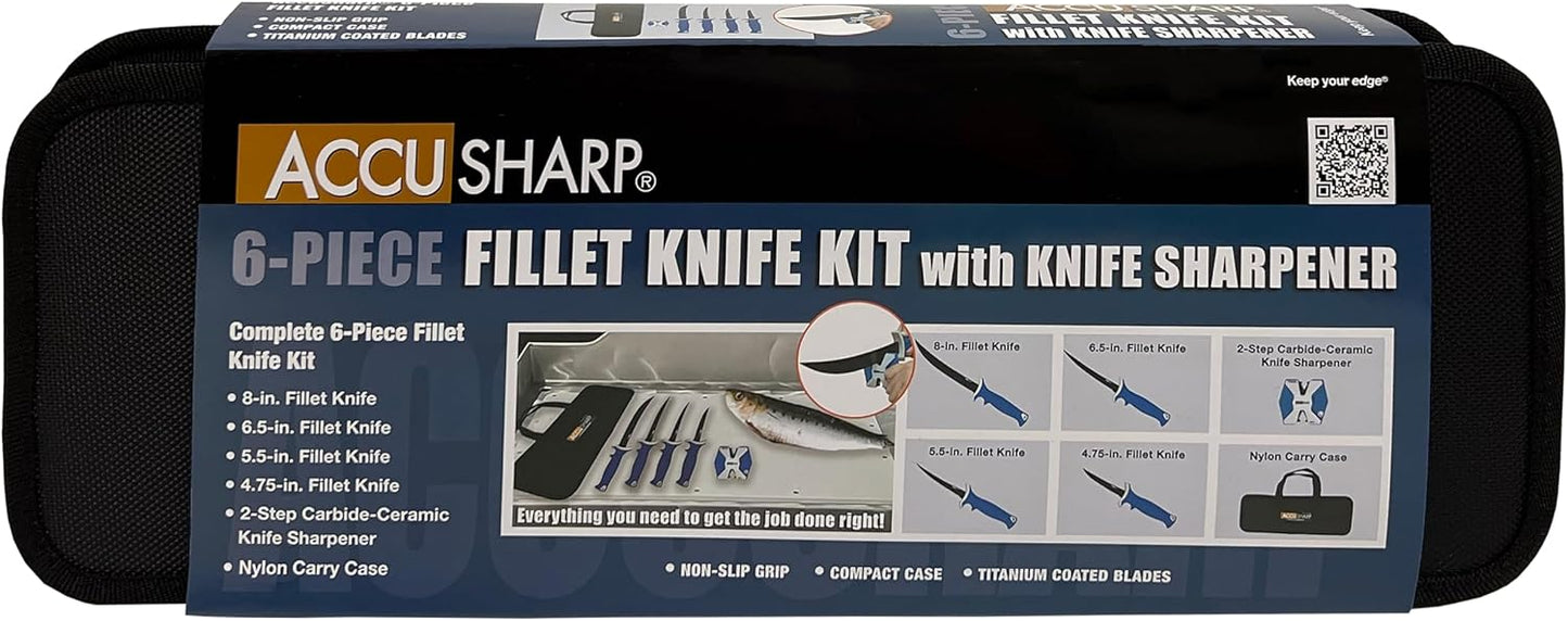 ACCUSHARP Fillet & Bait Knife and Sharpener Set, 6.5" 420 Stainless Steel Knife for Filleting with Pull Through Knife Sharpener, Fishing Tool Kit with Non-Slip Handle & Protective Sheath