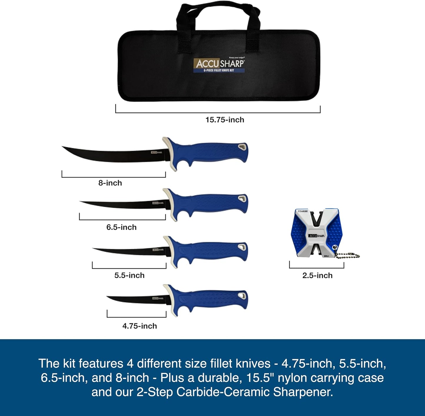 ACCUSHARP Fillet & Bait Knife and Sharpener Set, 6.5" 420 Stainless Steel Knife for Filleting with Pull Through Knife Sharpener, Fishing Tool Kit with Non-Slip Handle & Protective Sheath