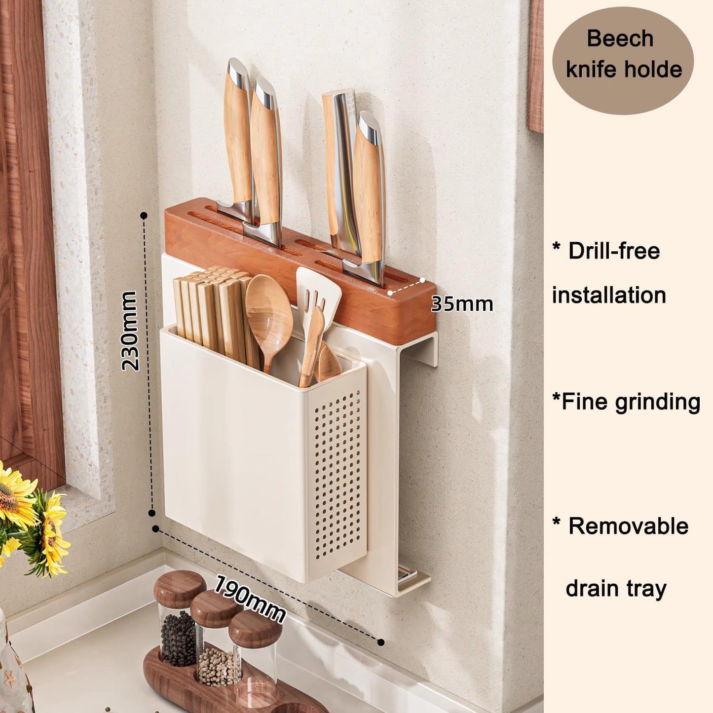 Under Cabinet Knife Storage, Kitchen Wall-Mounted Knife Holder, Cabinet Door Knife Organizer, Hanging Knives Rack,Utensils Holder,17.5 Inch