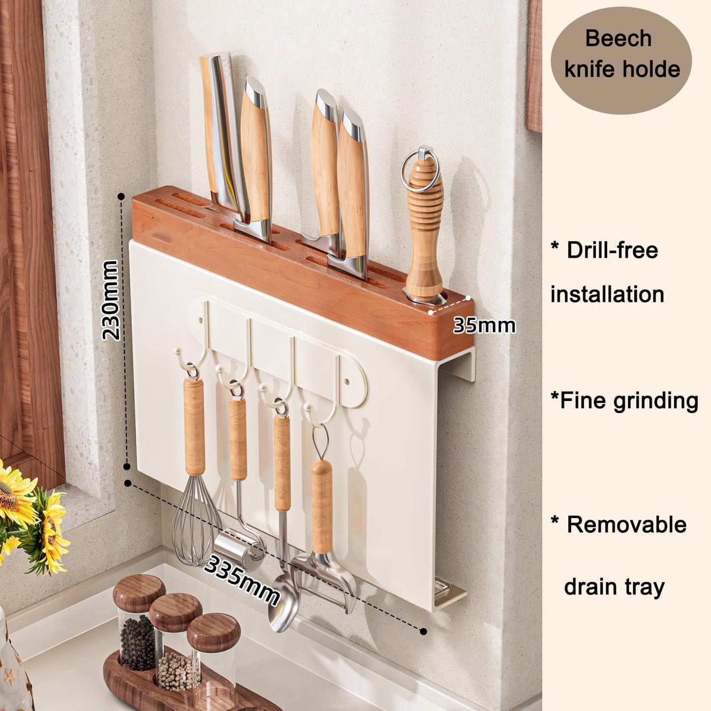 Under Cabinet Knife Storage, Kitchen Wall-Mounted Knife Holder, Cabinet Door Knife Organizer, Hanging Knives Rack,Utensils Holder,17.5 Inch