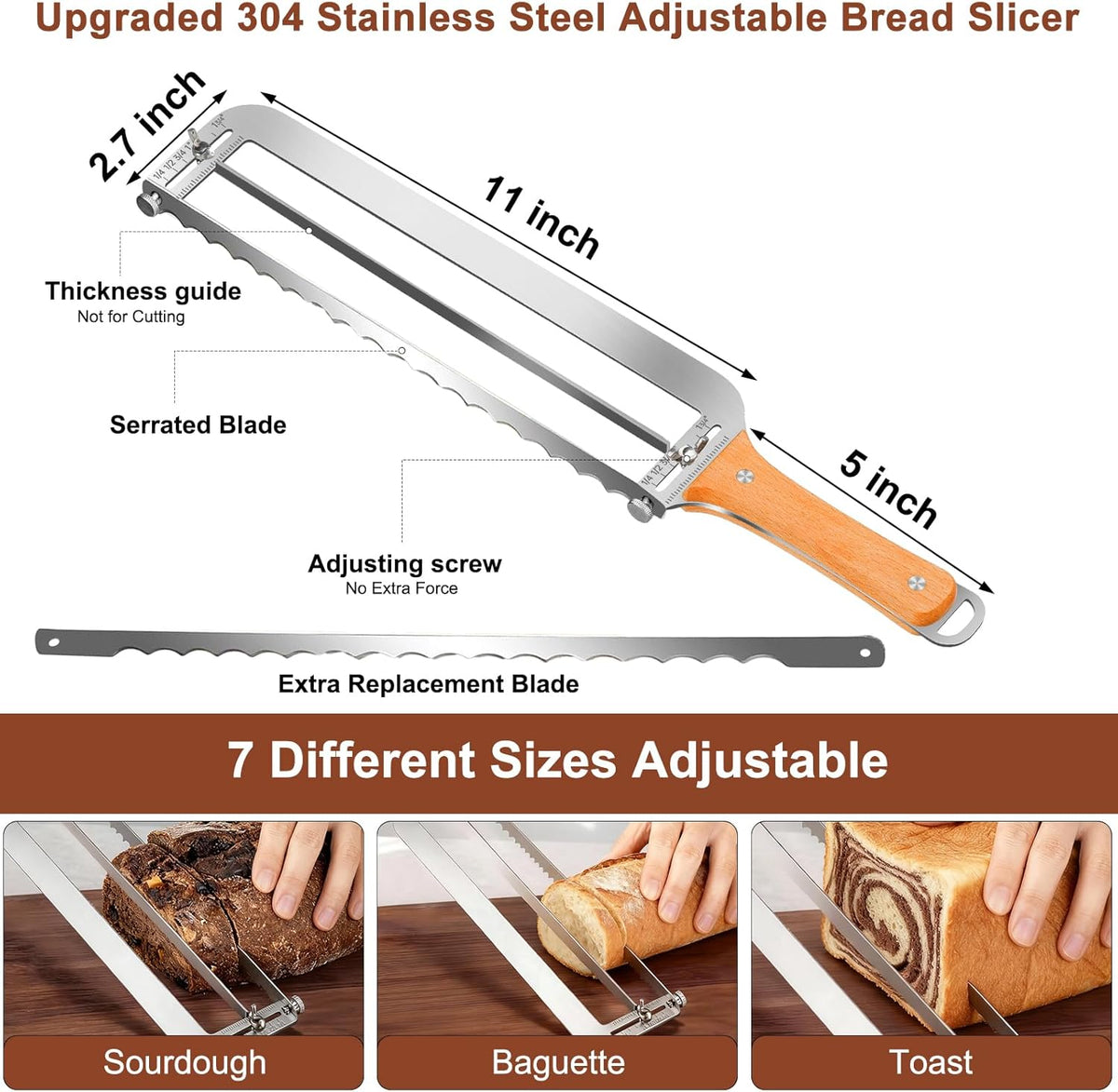 SINWAY 16IN Adjustable Bread Knife, Upgraded Stainless Steel Bread Slicer with Precision Thickness Guide for Sourdough Baguettes Bagels, Homemade Bread Cutter, Ideal Baker Gift
