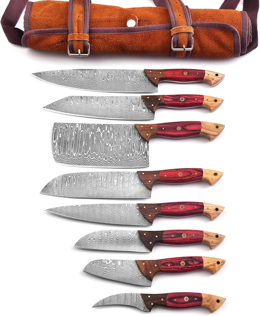 129-8 Stainless Steel Damascus Knife Set 8 pcs, Kitchen Knife Set with Leather Roll Case Bag High Carbon Ultra Sharp Knife for Kitchen, Professional Chef Knife Set with Bag 129 (8)