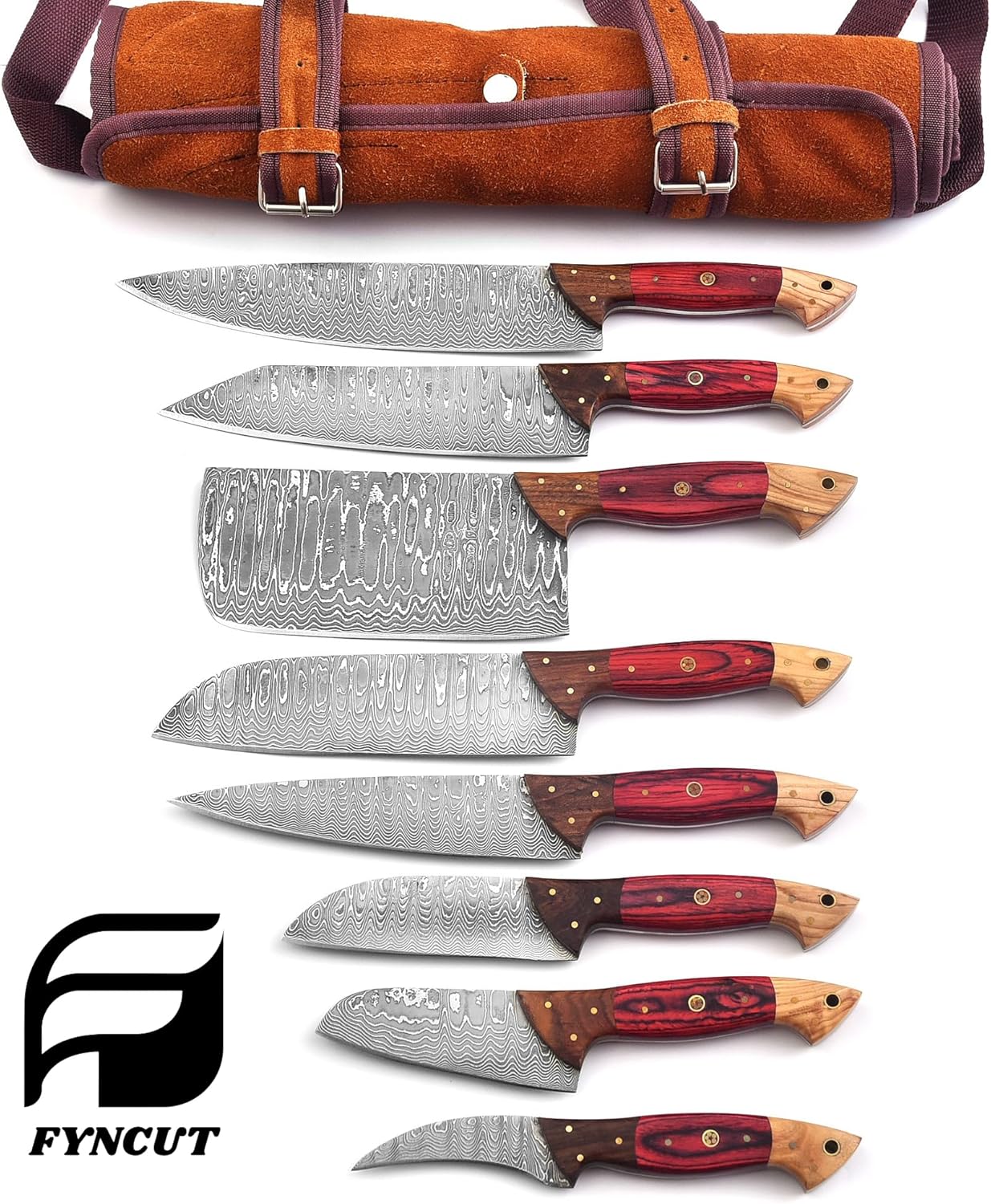 129-8 Stainless Steel Damascus Knife Set 8 pcs, Kitchen Knife Set with Leather Roll Case Bag High Carbon Ultra Sharp Knife for Kitchen, Professional Chef Knife Set with Bag 129 (8)