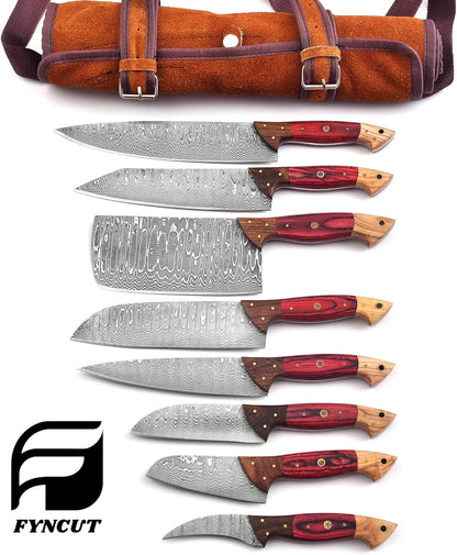129-8 Stainless Steel Damascus Knife Set 8 pcs, Kitchen Knife Set with Leather Roll Case Bag High Carbon Ultra Sharp Knife for Kitchen, Professional Chef Knife Set with Bag 129 (8)