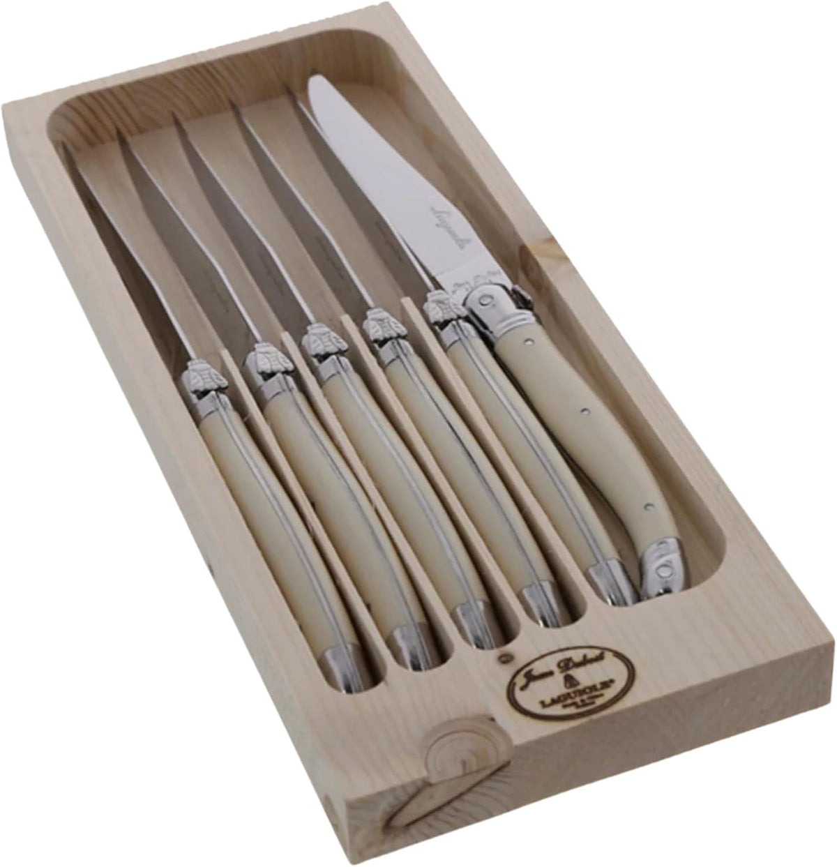 Laguiole 6-Piece Steak Knife Set, Stainless Steel Handles - 2.5 mm Blades - Rust-Resistant Stainless Steel - Includes Wooden Tray - Made in France