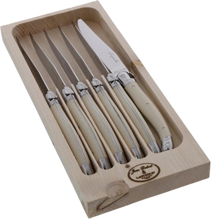 Laguiole 6-Piece Steak Knife Set, Stainless Steel Handles - 2.5 mm Blades - Rust-Resistant Stainless Steel - Includes Wooden Tray - Made in France
