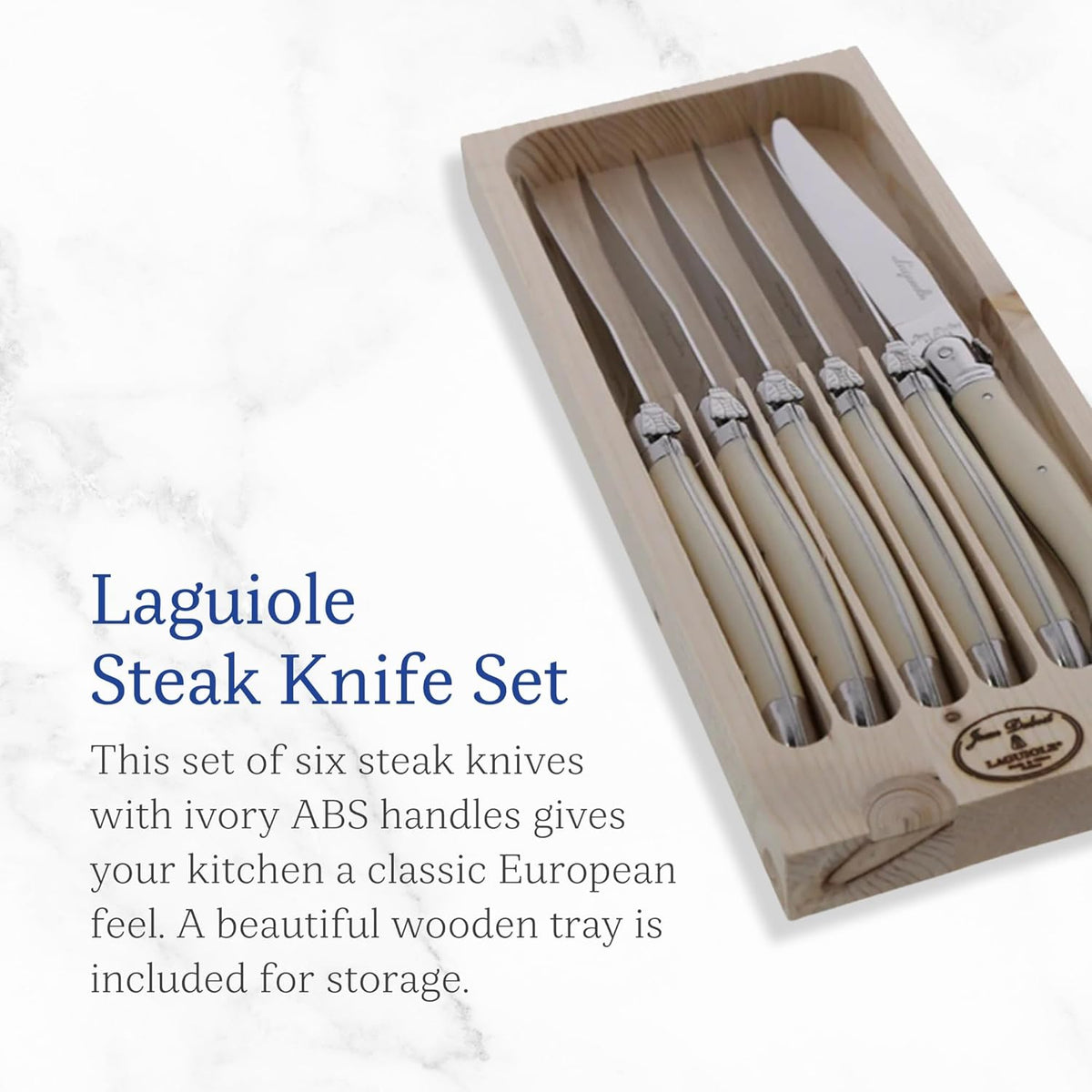 Laguiole 6-Piece Steak Knife Set, Stainless Steel Handles - 2.5 mm Blades - Rust-Resistant Stainless Steel - Includes Wooden Tray - Made in France