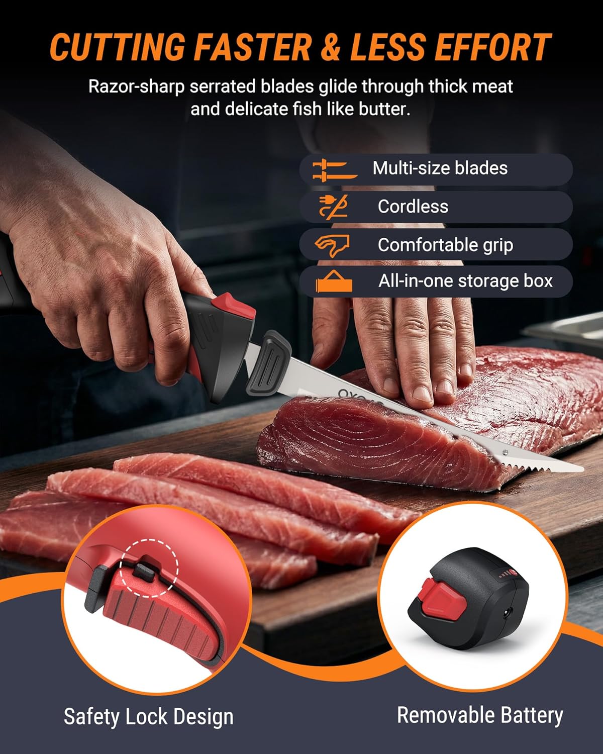 Electric Fillet Knife Rechargeable Fillet Knife with 2 Blades | Non-Slip Grip Handle Safety Lock Portable Carry Case for Easy Fish Filleting, Home Kitchen and Party Sub