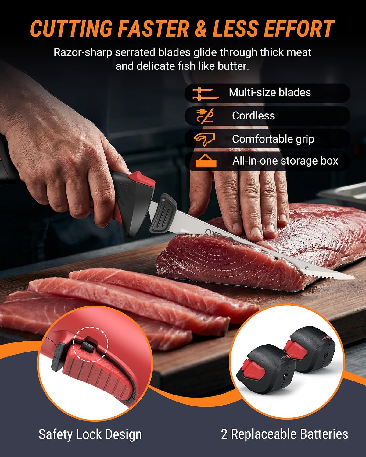 Electric Fillet Knife Rechargeable Fillet Knife with 2 Blades | Non-Slip Grip Handle Safety Lock Portable Carry Case for Easy Fish Filleting, Home Kitchen and Party Sub
