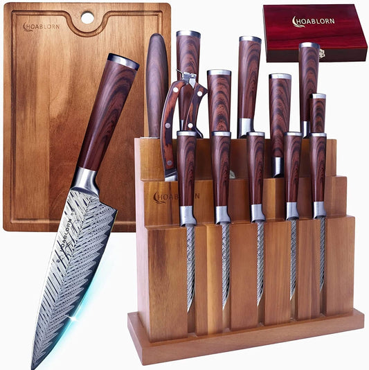Damascus Knife Block Set – Premium 20-Piece Chef Knife Set with Extra Cutting Board & Wine Corkscrew, High Carbon Stainless Steel, Elegant Housewarming Gift