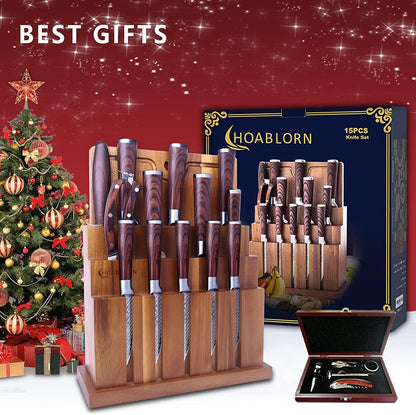 Damascus Knife Block Set – Premium 20-Piece Chef Knife Set with Extra Cutting Board & Wine Corkscrew, High Carbon Stainless Steel, Elegant Housewarming Gift