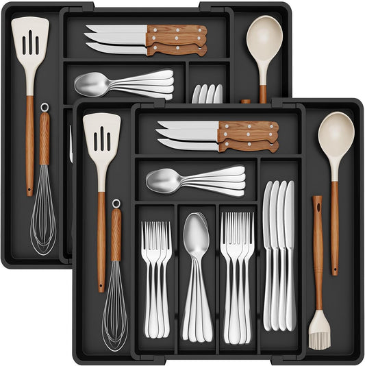 Expandable Silverware Drawer Organizer, Adjustable Utensil Cutlery Tray for kitchen, Plastic Flatware Spoon Fork Knives Holder Storage Divider, 2 Pack, Black