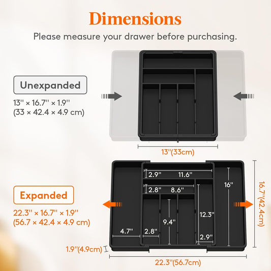 Expandable Silverware Drawer Organizer, Adjustable Utensil Cutlery Tray for kitchen, Plastic Flatware Spoon Fork Knives Holder Storage Divider, 2 Pack, Black