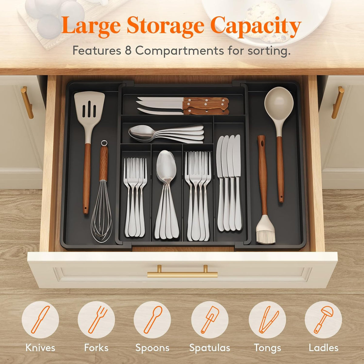 Expandable Silverware Drawer Organizer, Adjustable Utensil Cutlery Tray for kitchen, Plastic Flatware Spoon Fork Knives Holder Storage Divider, 2 Pack, Black
