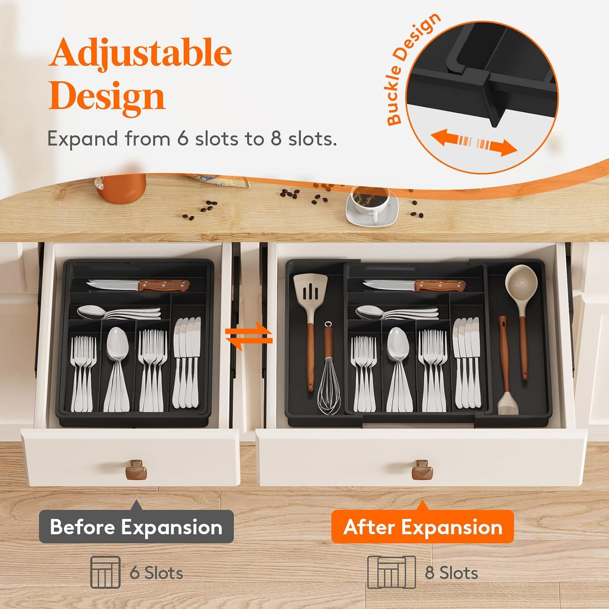 Expandable Silverware Drawer Organizer, Adjustable Utensil Cutlery Tray for kitchen, Plastic Flatware Spoon Fork Knives Holder Storage Divider, 2 Pack, Black