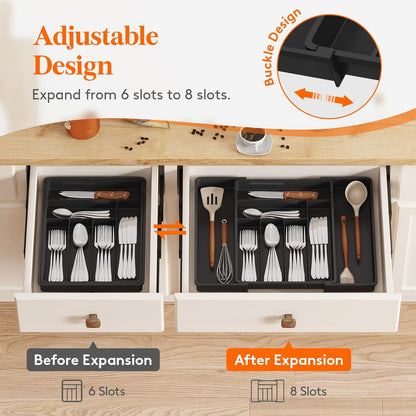 Expandable Silverware Drawer Organizer, Adjustable Utensil Cutlery Tray for kitchen, Plastic Flatware Spoon Fork Knives Holder Storage Divider, 2 Pack, Black
