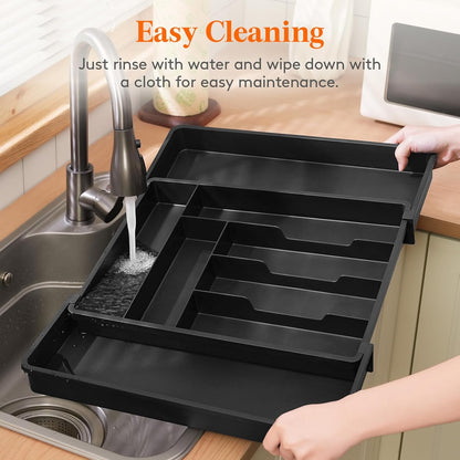 Expandable Silverware Drawer Organizer, Adjustable Utensil Cutlery Tray for kitchen, Plastic Flatware Spoon Fork Knives Holder Storage Divider, 2 Pack, Black