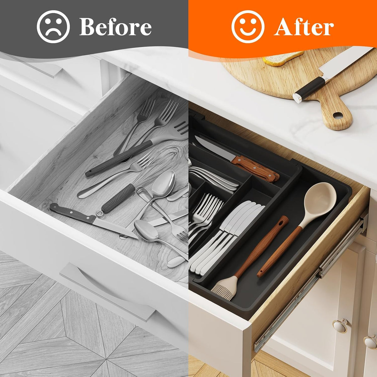 Expandable Silverware Drawer Organizer, Adjustable Utensil Cutlery Tray for kitchen, Plastic Flatware Spoon Fork Knives Holder Storage Divider, 2 Pack, Black