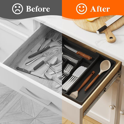 Expandable Silverware Drawer Organizer, Adjustable Utensil Cutlery Tray for kitchen, Plastic Flatware Spoon Fork Knives Holder Storage Divider, 2 Pack, Black