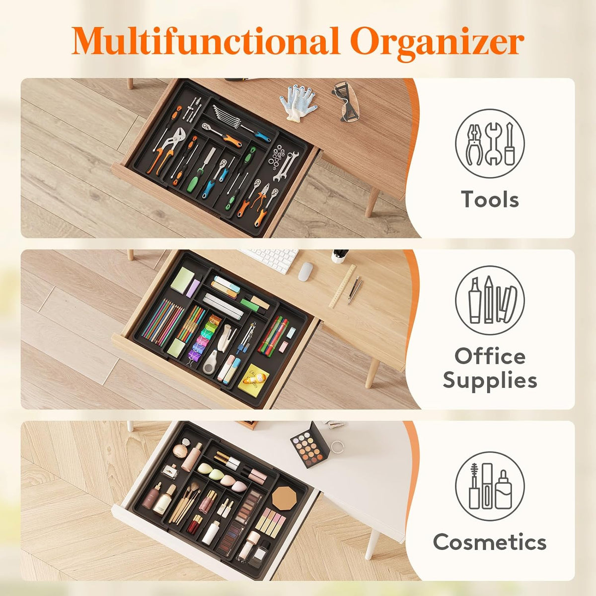 Expandable Silverware Drawer Organizer, Adjustable Utensil Cutlery Tray for kitchen, Plastic Flatware Spoon Fork Knives Holder Storage Divider, 2 Pack, Black