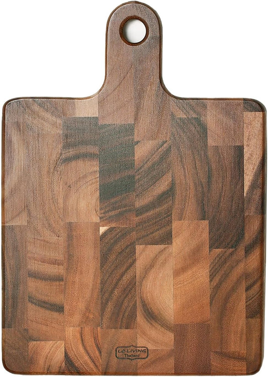 Thai End Grain Acacia Wood Grande Square Cutting Board w/Handle, best for chopping serving butcher board, prep station, kitchen deco, cheese, meat, bread, veggies & fruits, 17.7"x11.8"