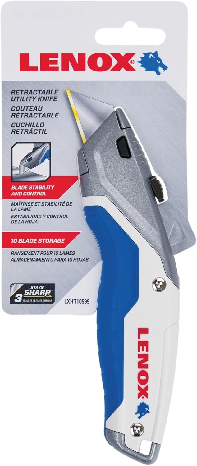 LENOX Utility Knife with 3 Bi-Metal Blades, Retractable, Foldable and Portable, Blade Storage (LXHT10599)