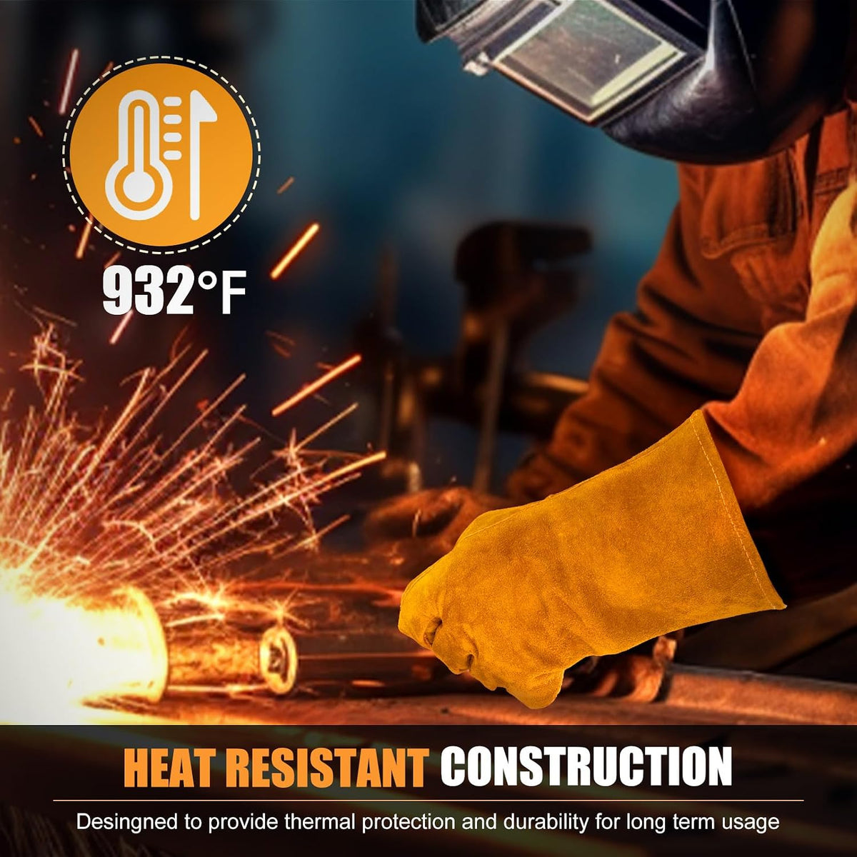 14IN Welding Gloves 932℉ Fire & Heat Resistant - Premium Leather Forge Gloves for Welder, Blacksmith, Fireplace, Wood Stove, Fire Pit, Grilling, Furnace
