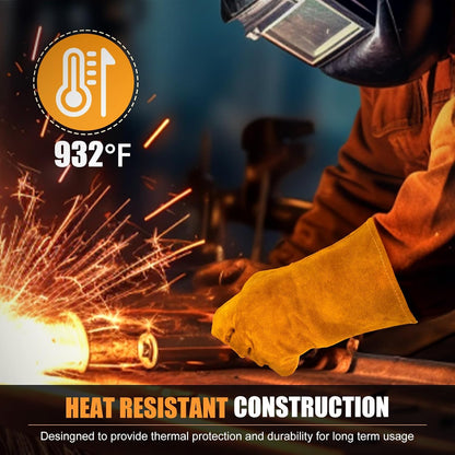 14IN Welding Gloves 932℉ Fire & Heat Resistant - Premium Leather Forge Gloves for Welder, Blacksmith, Fireplace, Wood Stove, Fire Pit, Grilling, Furnace
