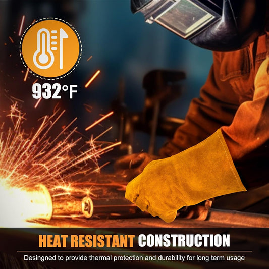 14IN Welding Gloves 932℉ Fire & Heat Resistant - Premium Leather Forge Gloves for Welder, Blacksmith, Fireplace, Wood Stove, Fire Pit, Grilling, Furnace